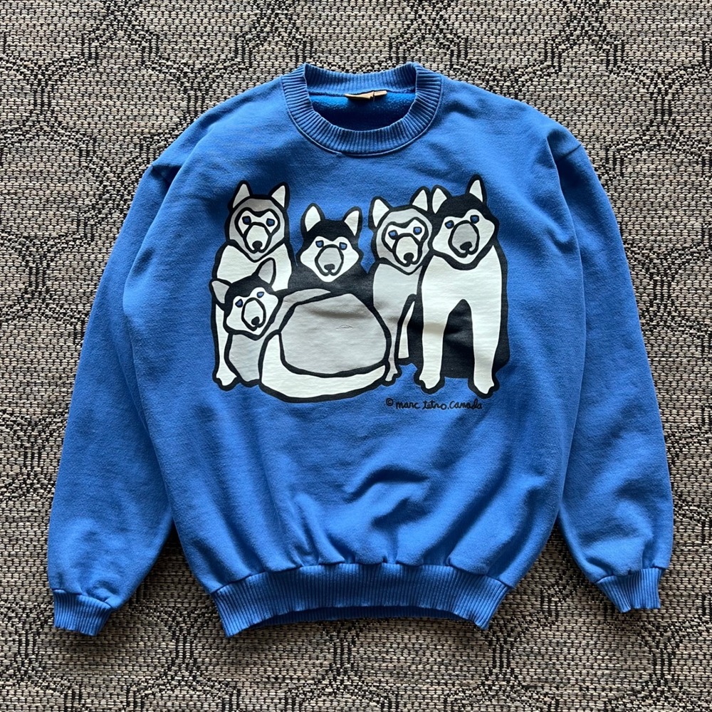Vintage Marc Tetro Sweatshirt Mens Medium Blue Husky Canada Pop Art Dog Graphic